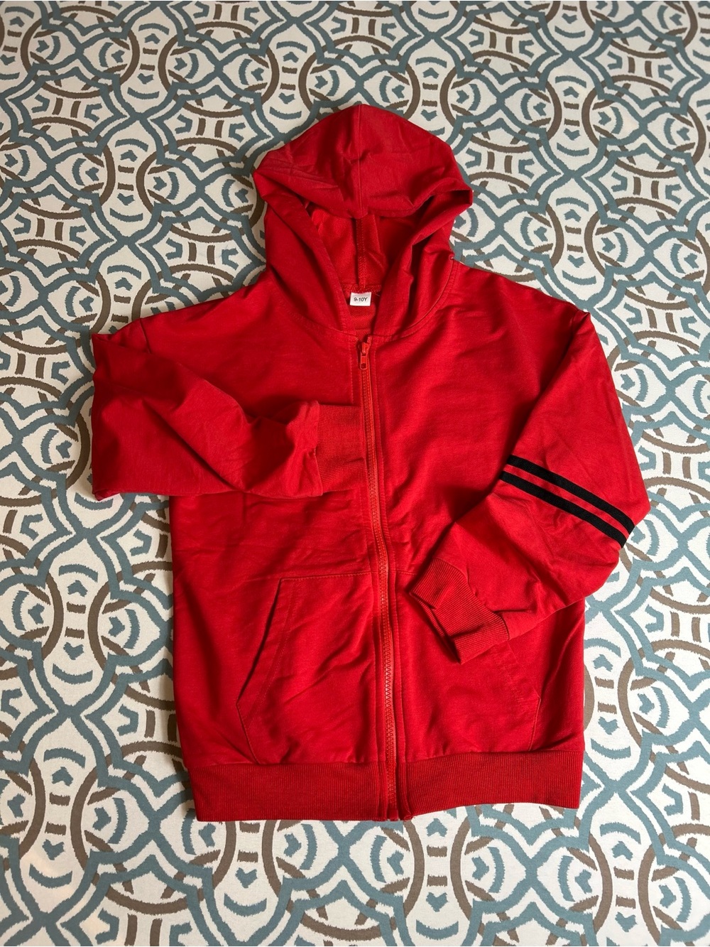 Kids Red Zip-Front Hoodie with Black Sleeve Stripes